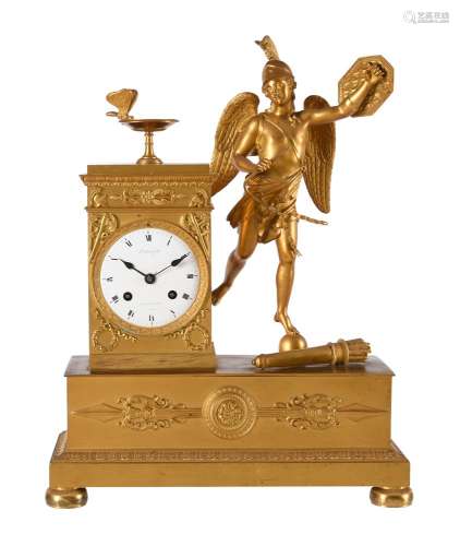 A FRENCH EMPIRE ORMOLU FIGURAL MANTEL CLOCK