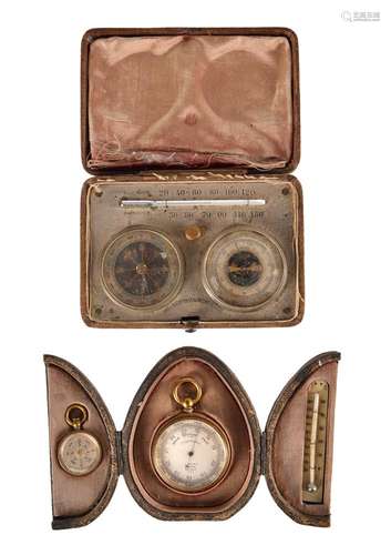 TWO CASED ANEROID BAROMETER, COMPASS AND THERMOMETER COMPEND...