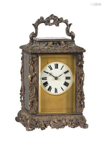 A FRENCH SCULPTED SILVERED BRASS ROCOCO STYLE CARRIAGE CLOCK...