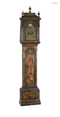 A GEORGE II GREEN JAPANNED EIGHT-DAY LONGCASE CLOCK WITH MOO...