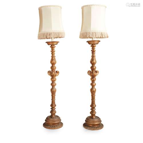 A PAIR OF GILTWOOD AND GESSO STANDARD LAMPS 18TH/ EA…