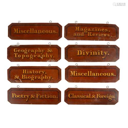 A GROUP OF EIGHT TOLE LIBRARY SHELF LABELS 19TH CENTURY