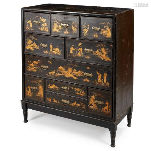 A GEORGIAN BLACK JAPANNED CHEST OF DRAWERS 18T…
