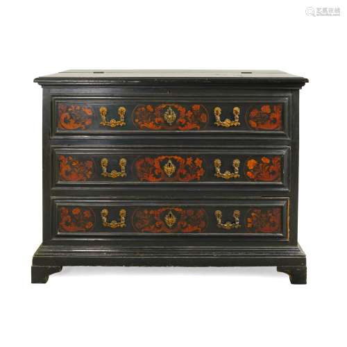 A FLEMISH EBONISED AND MARQUETRY SECRETAIRE CHEST 18TH