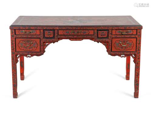 A Chinese Red Lacquer Desk Height 32 1/4 x width