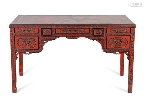 A Chinese Red Lacquer Desk Height 32 1/4 x width