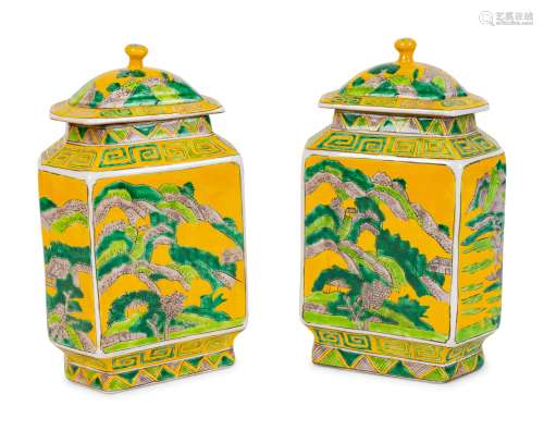 A Pair of Chinese Famille Verte Porcelain Lidded Jars
