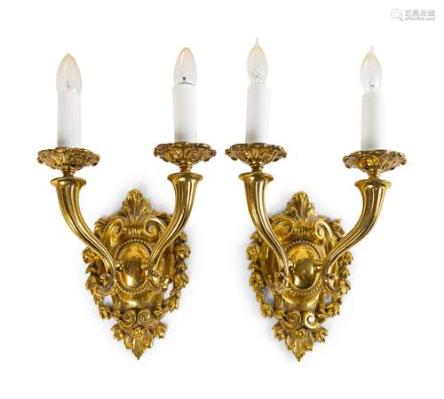 A Pair of Victorian Gilt Metal Two Light Wall Sconces