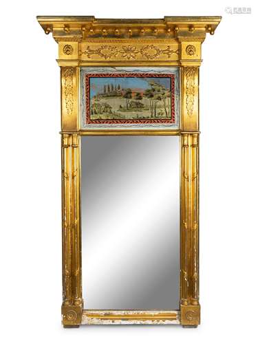 A Federal Gilt Wood Mirror with Eglomise Panel Height