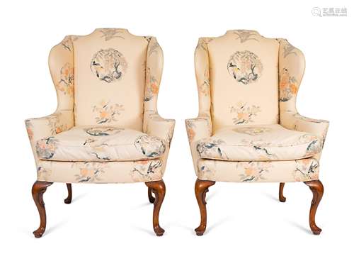 A Pair of Queen Anne Style Wing Chairs Height 45 1/2 x