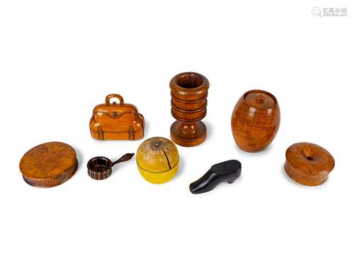 A Group of Eight American Treen Boxes and a Cup Largest