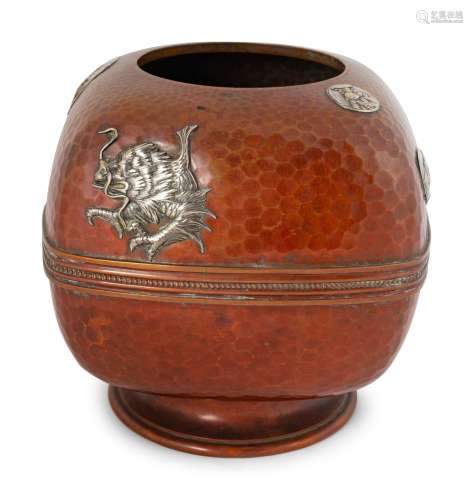 An American Japonesque Hammered Copper Vase with Silver
