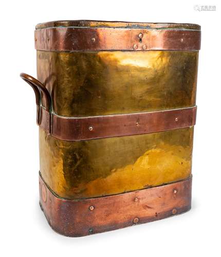 A Copper Bound Brass Log Bin Height 19 x width 18 x