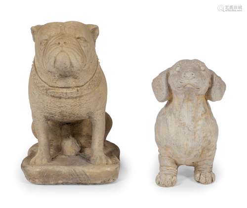 Two Cast Stone Figures of Dogs Height of bull dog 17