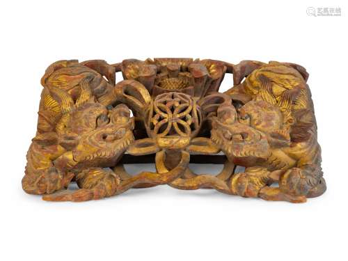 A Chinese Red and Gilt Lacquered Carved Wood Wall