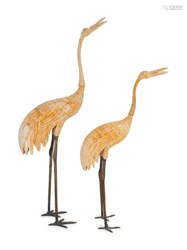 A Pair of Asian Carved Wood Cranes Height of