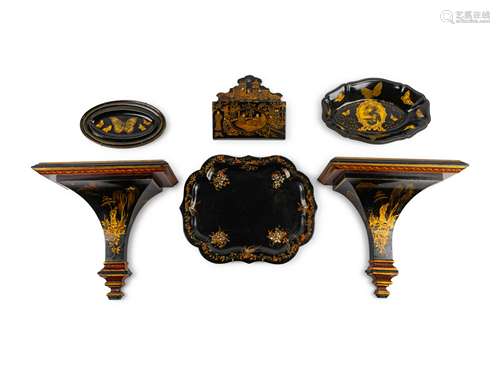 A Group of Six Black and Gilt Lacquer Items Wall