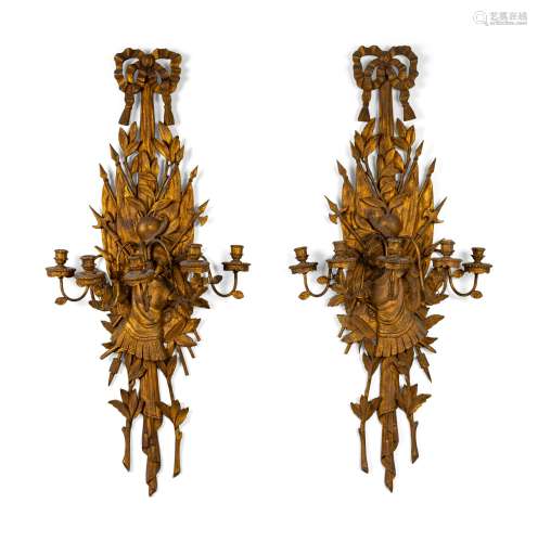 A Pair of Italian Carved Giltwood Six Light Wall