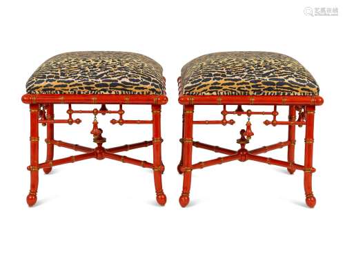 A Pair of Chinoiserie Style Red Lacquered Stools Height
