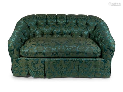 A Green Damask Button Tufted Love Seat Height 33 1/2 x