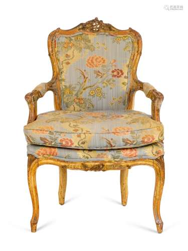 A Louis XV Style Carved and Painted Fauteuil Height 37