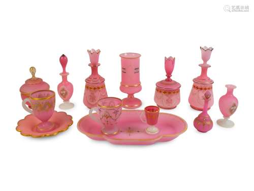 A Collection of French Pink Opaline Glass Items Height