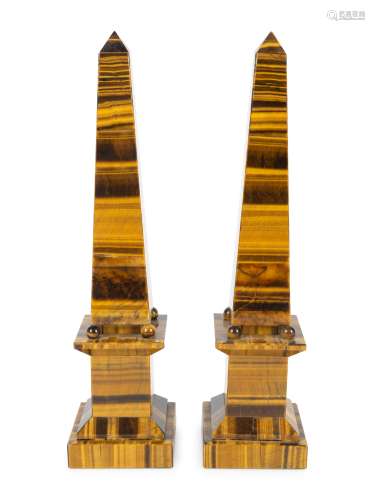 A Pair of Tiger's Eye Agate Veneer Obelisks by