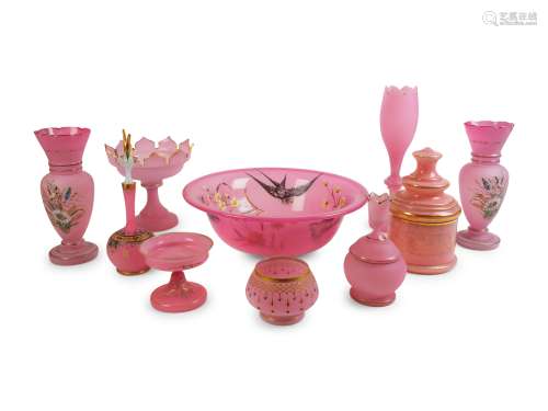 A Large Collection of Pink Opaline Glass Largest