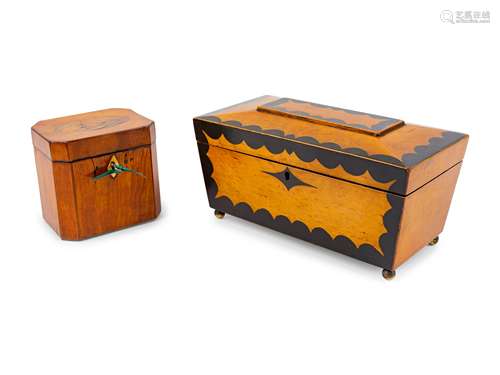 Two English Walnut Marquetry Tea Caddies Largest height