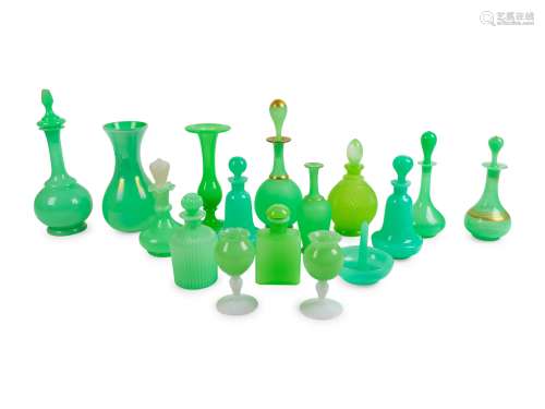 A Collection of Sixteen Green Opaline Glass Items