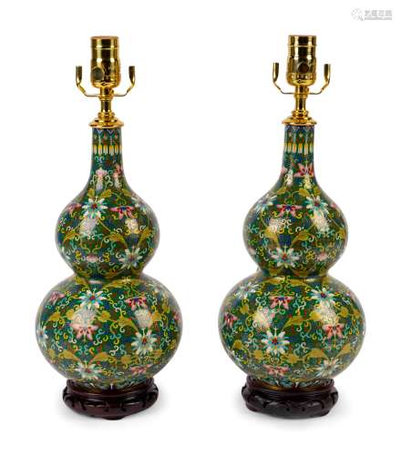 A Pair of Chinese Cloisonne Gourd Form Vases Mounted as