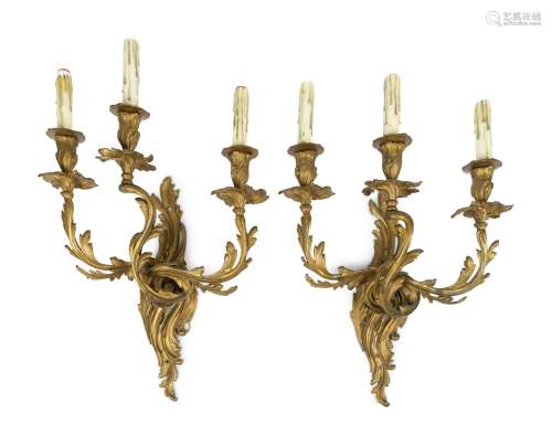 A Pair of Louis XV Style Gilt Bronze Three-Light Wall