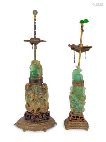 Two Chinese Green Quartz Vases Mounted as Lamps Height