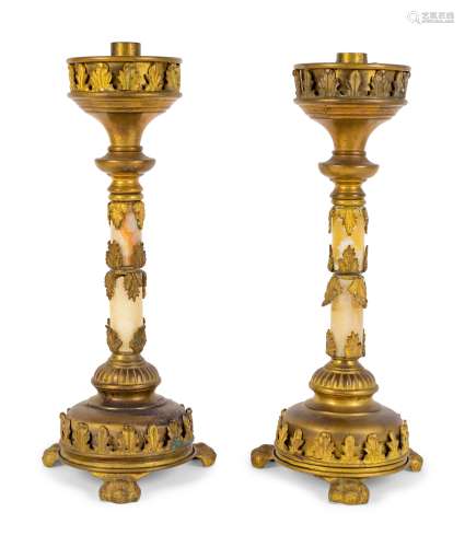 A Pair of French Gilt Bronze Mounted Onyx Candle
