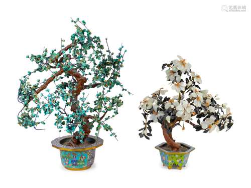 Two Chinese Hardstone Trees in Cloisonne Enamel