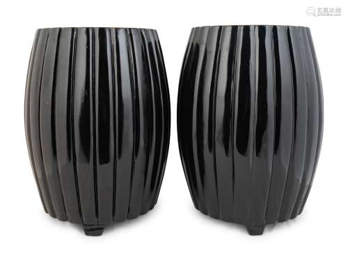 A Pair of Japanese Black Lacquered Melon-Form Garden