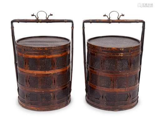 A Pair of Chinese Bamboo Picnic Baskets and Two Lacquer
