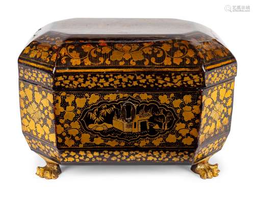 A Chinese Export Black and Gilt Lacquer Tea Caddy