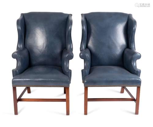 A Pair of George II Style Leather Upholstered Wingback