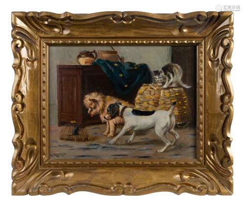 A. Marco 19th Century Two Dogs and A Cat Watching