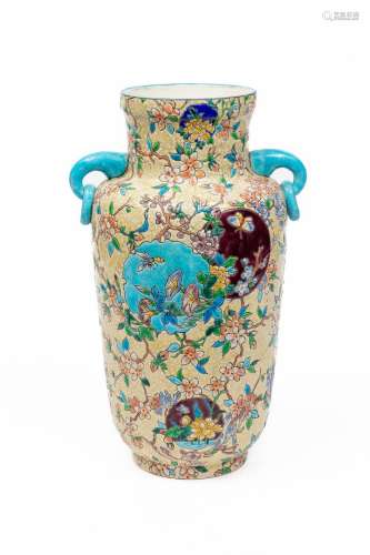 GIEN. Vase balustre lanterne à deux anses turquoises et émau...