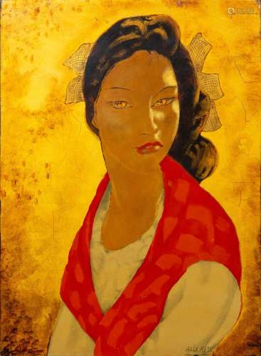 Alix AYME (1894-1989). Portrait de femme aux cheveux attaché...