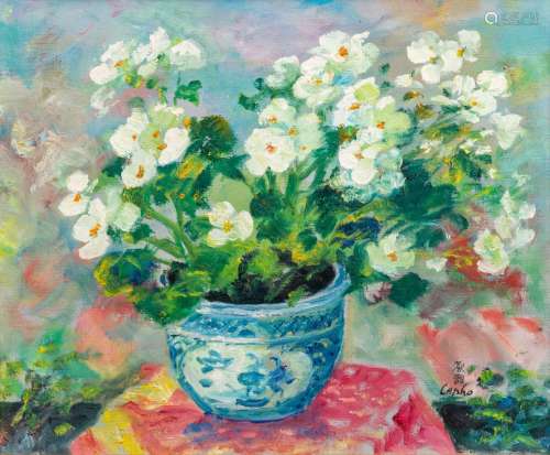 LE PHO (1907-2001). Bouquet au vase bleu. Huile sur toile, s...