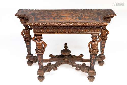 Console en noyer sculpté et marqueterie à riche décor de vas...