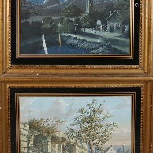 Non signé deux fois ? Deux grandes aquarelles romantiques du...