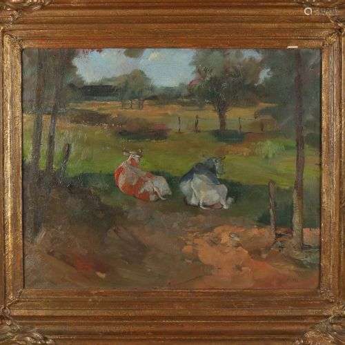 W. Molin. 1895 - 1959. Paysage avec des vaches. Huile sur li...