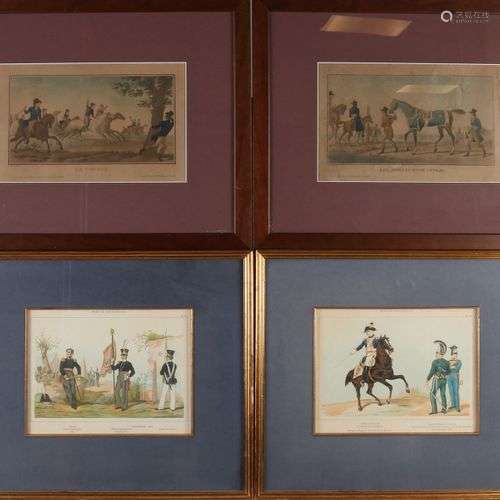 Quatre gravures françaises anciennes. Chevaux + militaires. ...