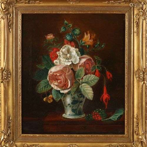 J.T. Ham. Vase de Delft avec des fleurs. Huile sur lin. Dime...