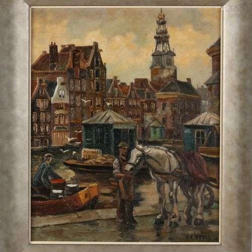 DeVries. Paysage urbain d'Amsterdam 'Alkmaar jetty'. Huile s...