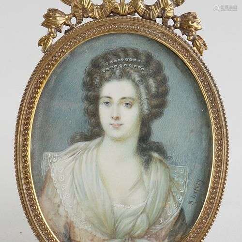 Portrait miniature du 19ème siècle avec cadre en laiton. Por...